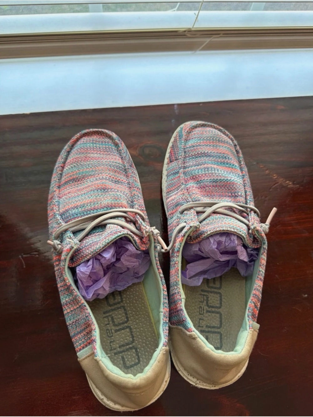 HEY DUDE Casual Knit Slip-On Sneakers in Multicolor Pink/Blue